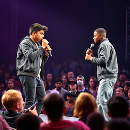 A thrilling rap battle unfolds on stage, featuring a tall Hispanic boy in a stylish rapper outfit, confidently rapping against a tall, cute African American boy, who brings his own charismatic flair to the competition