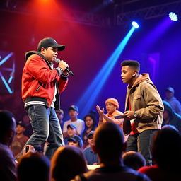 A thrilling rap battle unfolds on stage, featuring a tall Hispanic boy in a stylish rapper outfit, confidently rapping against a tall, cute African American boy, who brings his own charismatic flair to the competition