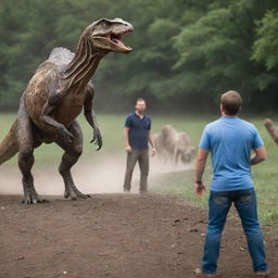 The onlookers are captivated by the dramatic sight of a group of Velociraptors lunging towards the lowered cow, their natural predatory instincts on full display.