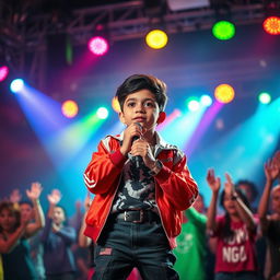 A vibrant scene features a Hispanic boy wearing a stylish rapper outfit, confidently holding a microphone on stage