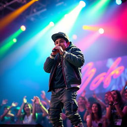 A vibrant scene features a Hispanic boy wearing a stylish rapper outfit, confidently holding a microphone on stage