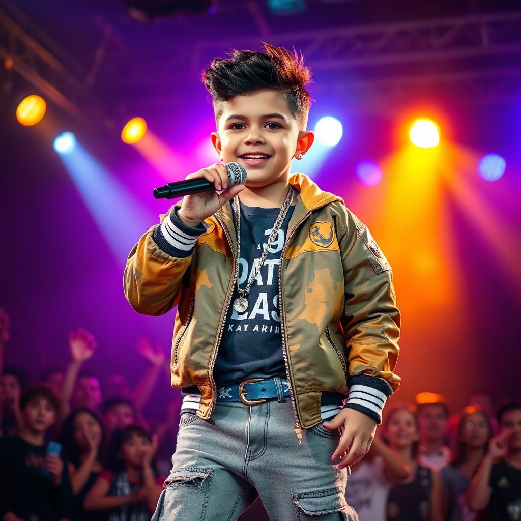 A vibrant scene features a Hispanic boy wearing a stylish rapper outfit, confidently holding a microphone on stage