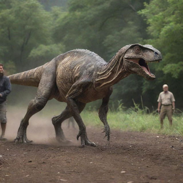 The onlookers are captivated by the dramatic sight of a group of Velociraptors lunging towards the lowered cow, their natural predatory instincts on full display.