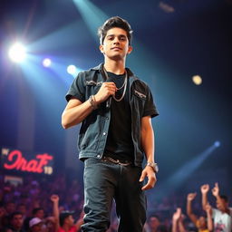 A tall, handsome Hispanic teenager stands confidently on stage, wearing a stylish rapper outfit and holding a microphone