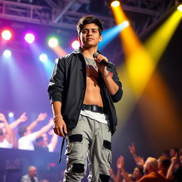 A tall, handsome Hispanic teenager stands confidently on stage, wearing a stylish rapper outfit and holding a microphone