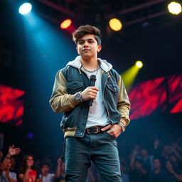 A tall, handsome Hispanic teenager stands confidently on stage, wearing a stylish rapper outfit and holding a microphone