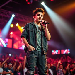 A tall, handsome Hispanic teenager stands confidently on stage, wearing a stylish rapper outfit and holding a microphone