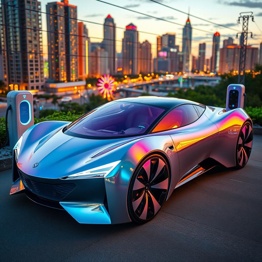 A futuristic concept car displayed in a sleek and modern design, showcasing aerodynamic curves and innovative technology