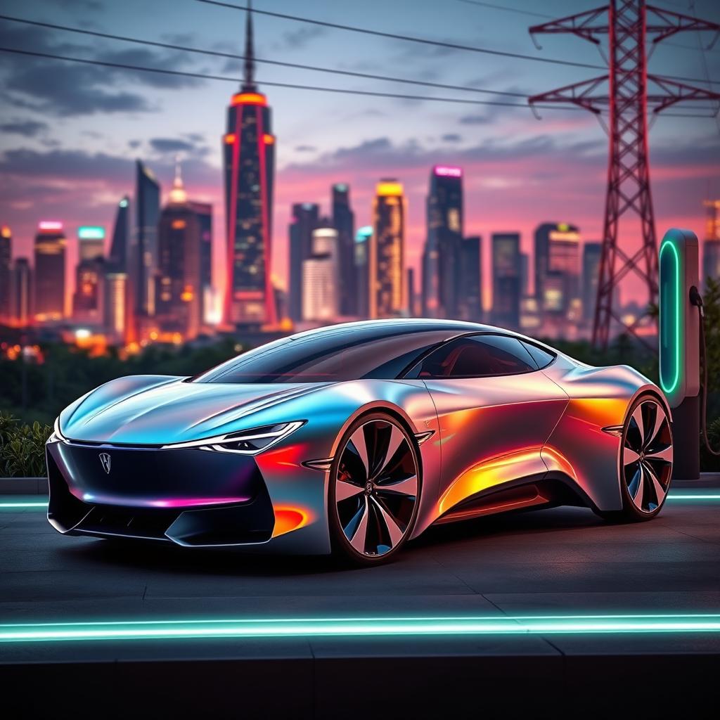 A futuristic concept car displayed in a sleek and modern design, showcasing aerodynamic curves and innovative technology