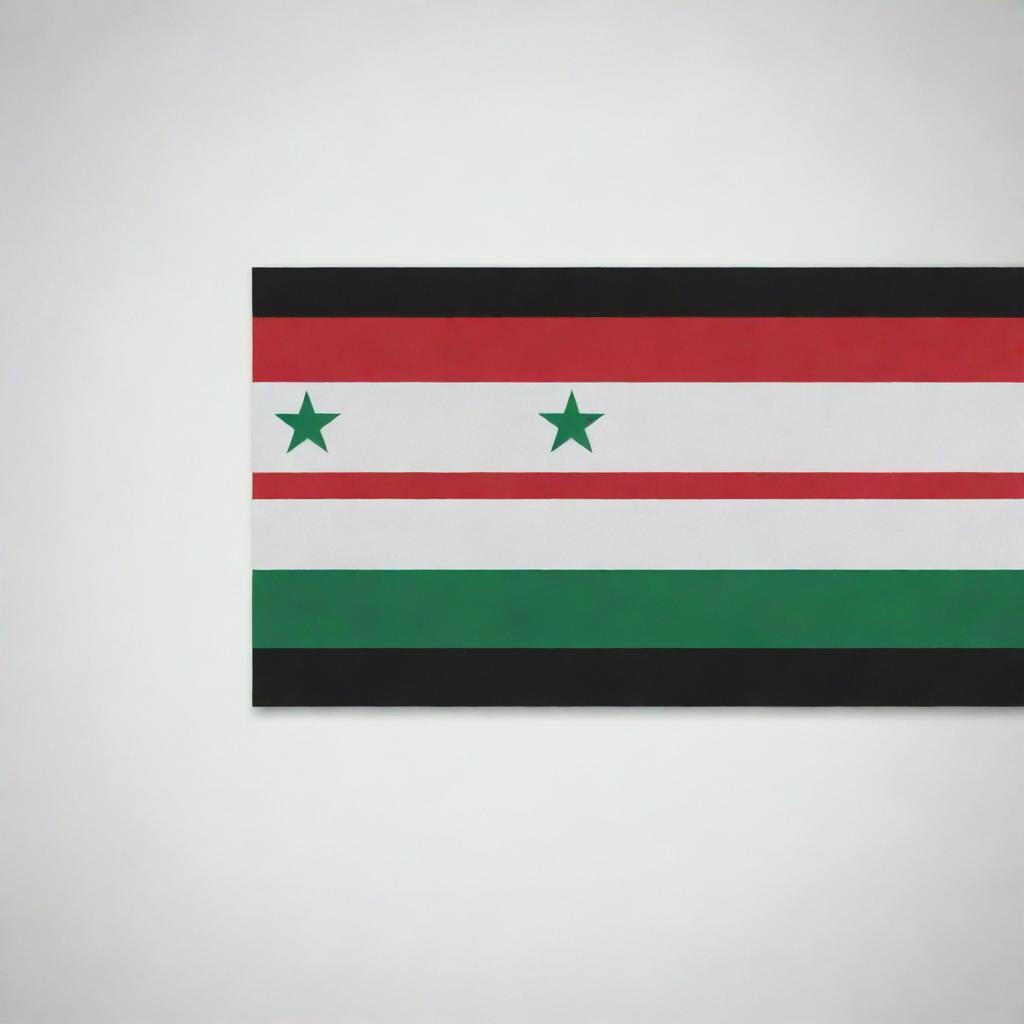 Create an accurate visualization of the Syrian government flag: three equal horizontal bands of red (top), white, and black with two small, green, five-pointed stars in a horizontal line centered in the white band.