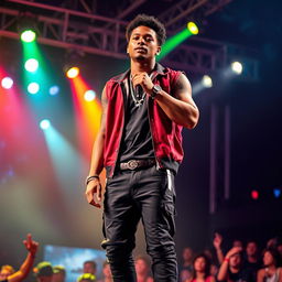 A tall, handsome African American teenager stands confidently on stage, donning a stylish rapper outfit and holding a microphone