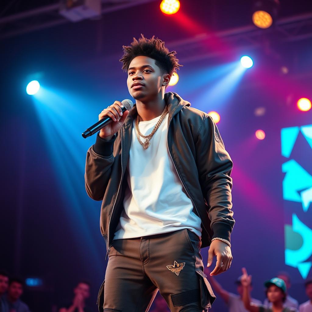 A tall, handsome African American teenager stands confidently on stage, donning a stylish rapper outfit and holding a microphone