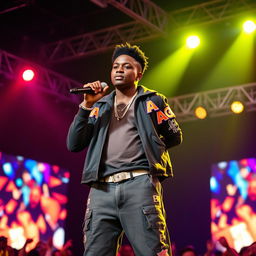 A tall, handsome African American teenager stands confidently on stage, donning a stylish rapper outfit and holding a microphone