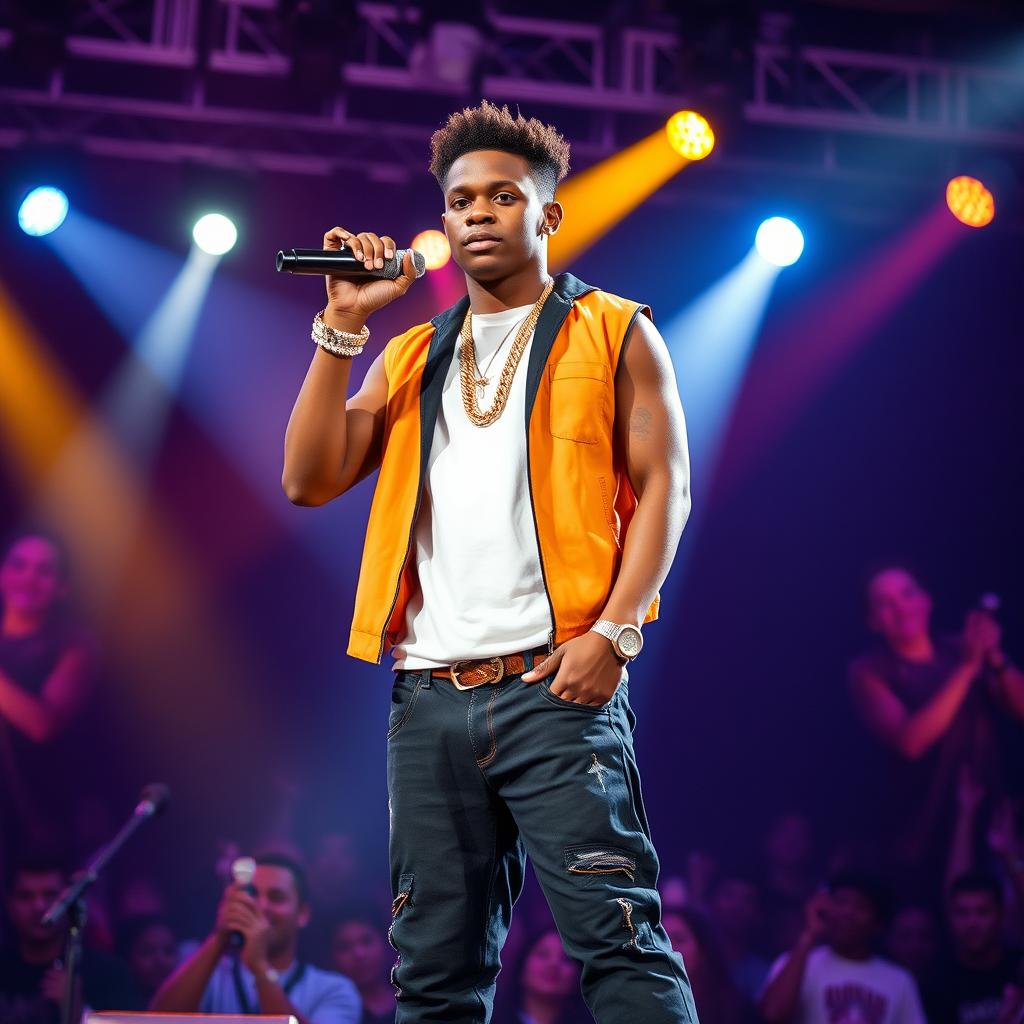 A tall, handsome African American teenager stands confidently on stage, donning a stylish rapper outfit and holding a microphone