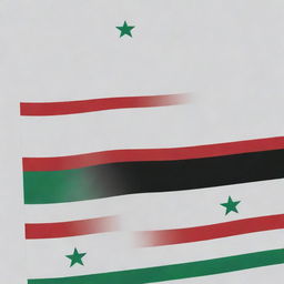 Create an accurate visualization of the Syrian government flag: three equal horizontal bands of red (top), white, and black with two small, green, five-pointed stars in a horizontal line centered in the white band.