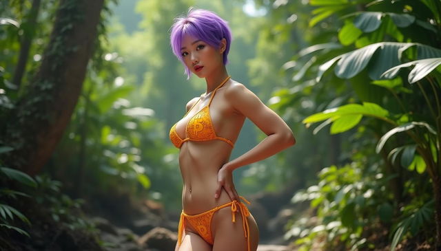 A realistic long shot of a beautiful 18-year-old Korean girl with stunning violet hair styled in a Quiff Pixie haircut