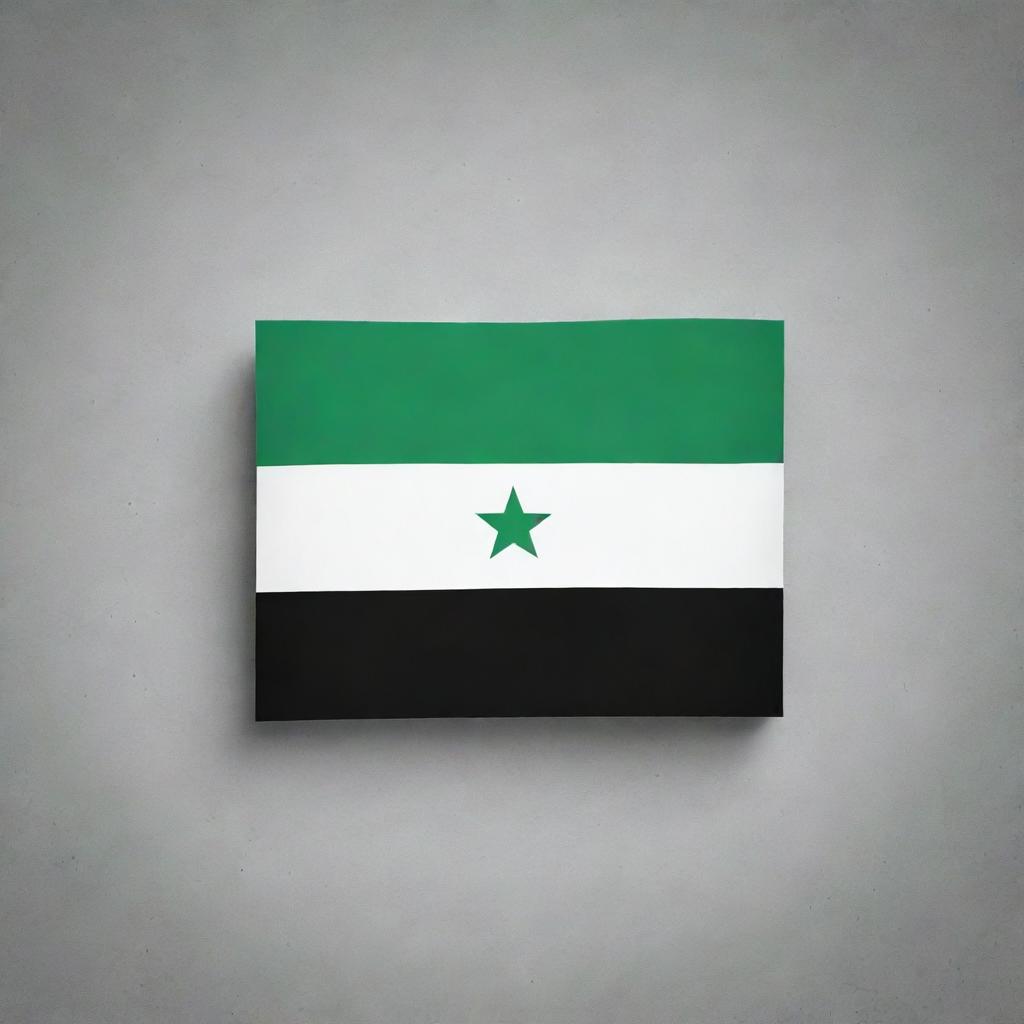 Create an artistic representation of the Syrian flag in monochrome - black for the red, and white bands, and gray for green stars centered on the white band.