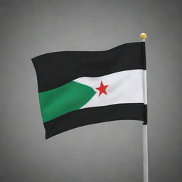 Create an artistic representation of the Syrian flag in monochrome - black for the red, and white bands, and gray for green stars centered on the white band.