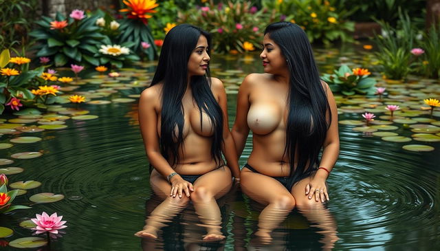 A serene and captivating scene featuring two beautiful Indian ladies, both in their mid-30s, with long black hair