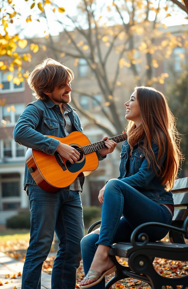 A romantic scene depicting a college atmosphere between a charismatic guitarist professor and a bright college student