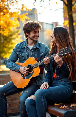 A romantic scene depicting a college atmosphere between a charismatic guitarist professor and a bright college student