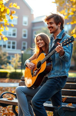 A romantic scene depicting a college atmosphere between a charismatic guitarist professor and a bright college student