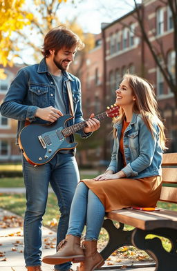 A romantic scene depicting a college atmosphere between a charismatic guitarist professor and a bright college student