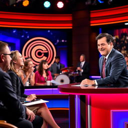 A vibrant, energetic late-night talk show set featuring Stephen Colbert at his desk, engaging with a live audience