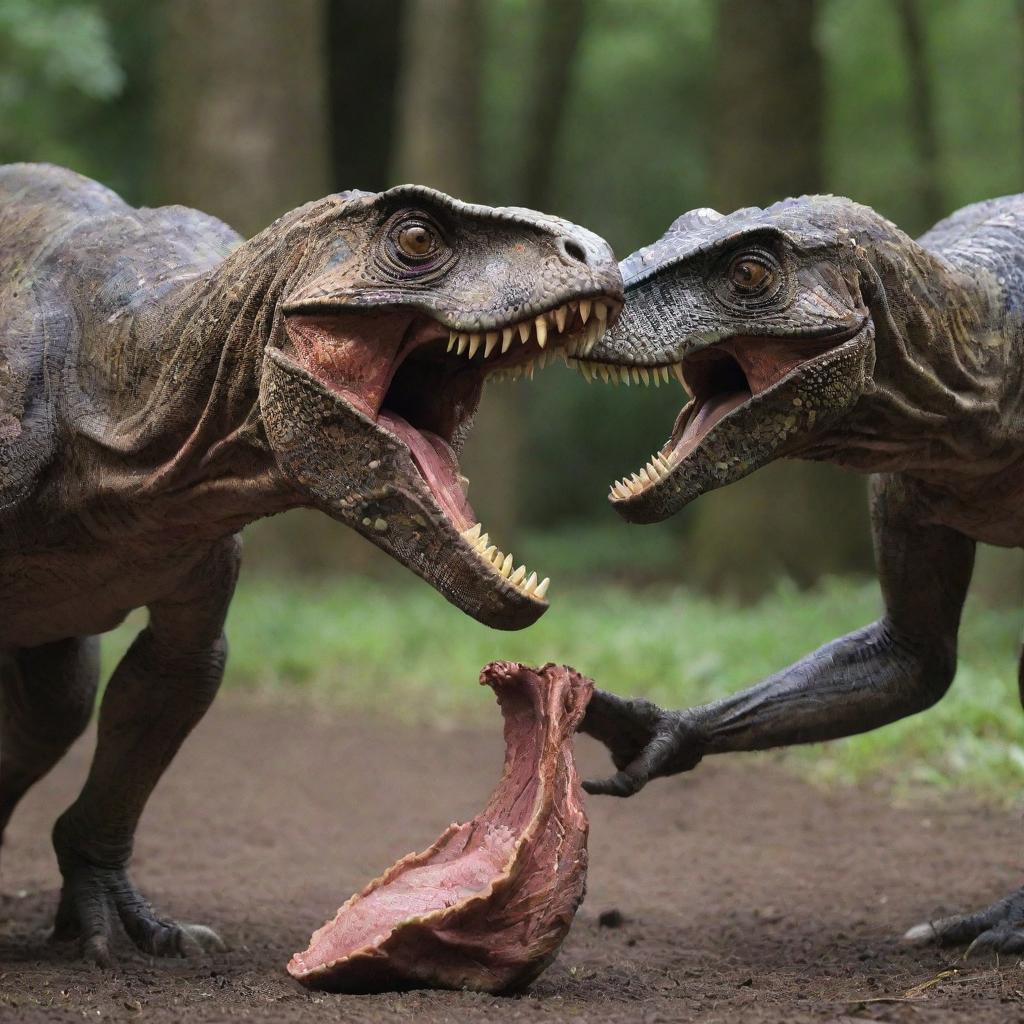 An intense sight unfolds as the Velociraptors begin to feast on the cow, their sharp claws and teeth tearing through the meat. The raw power and survival instincts of these prehistoric creatures both amaze and terrify the visitors.