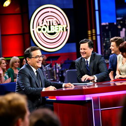 A vibrant, energetic late-night talk show set featuring Stephen Colbert at his desk, engaging with a live audience