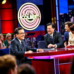 A vibrant, energetic late-night talk show set featuring Stephen Colbert at his desk, engaging with a live audience