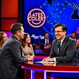 A vibrant, energetic late-night talk show set featuring Stephen Colbert at his desk, engaging with a live audience