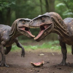 An intense sight unfolds as the Velociraptors begin to feast on the cow, their sharp claws and teeth tearing through the meat. The raw power and survival instincts of these prehistoric creatures both amaze and terrify the visitors.