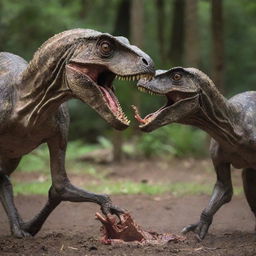 An intense sight unfolds as the Velociraptors begin to feast on the cow, their sharp claws and teeth tearing through the meat. The raw power and survival instincts of these prehistoric creatures both amaze and terrify the visitors.