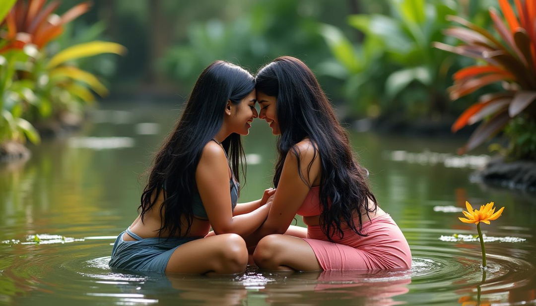 Two beautiful Indian women in their mid-30s with long black hair and curvy figures, sitting intimately in the shallow waters of a serene wildlife pond