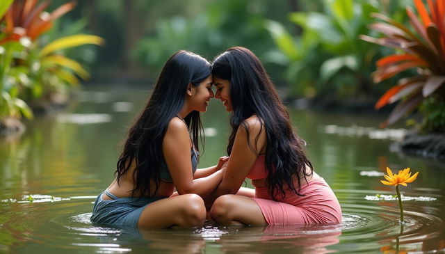 Two beautiful Indian women in their mid-30s with long black hair and curvy figures, sitting intimately in the shallow waters of a serene wildlife pond