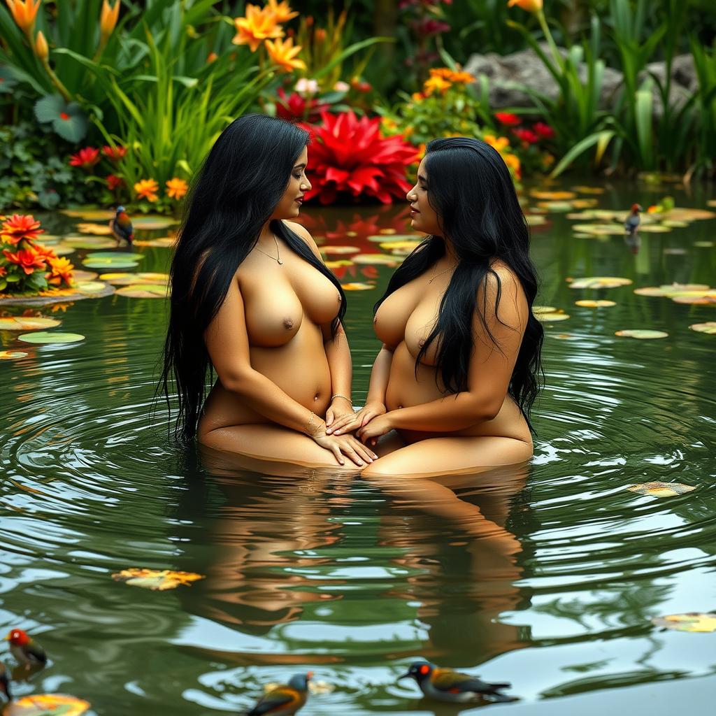 Two stunning Indian women, both completely nude and in their mid-30s, with long black hair and voluptuous figures, are sitting playfully in the shallow waters of a picturesque wildlife pond