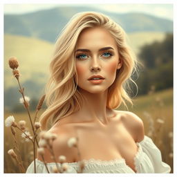 A serene and tasteful artistic representation of a woman with blonde hair, depicted in a beautiful landscape