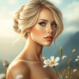 A serene and tasteful artistic representation of a woman with blonde hair, depicted in a beautiful landscape