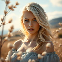 A serene and tasteful artistic representation of a woman with blonde hair, depicted in a beautiful landscape