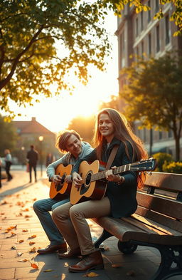 A romantic scene depicting a passionate relationship between a charismatic guitarist professor and an enthusiastic college student