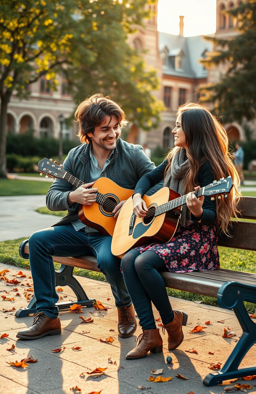 A romantic scene depicting a passionate relationship between a charismatic guitarist professor and an enthusiastic college student