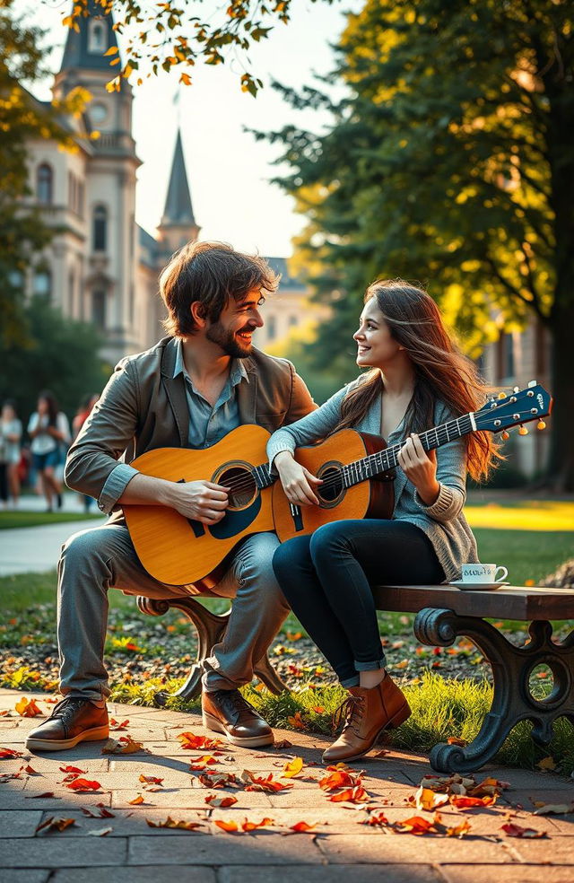 A romantic scene depicting a passionate relationship between a charismatic guitarist professor and an enthusiastic college student