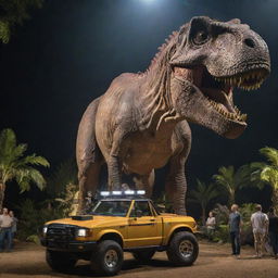 Visitors embarking on a thrilling tour around the electrified enclosure of the Tyrannosaurus Rex in specially designed, secure vehicles. Gazing in wonder at the towering beast, they feel both its awe-inspiring grandeur and palpable danger.