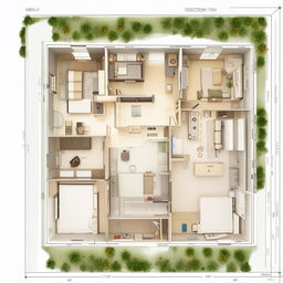 A detailed, architectural map of a home on a 30ft by 17ft rectangular space. The layout includes two bedrooms, one kitchen, and two bathrooms.