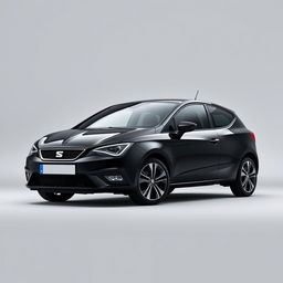 A sleek black Seat Ibiza positioned elegantly against a smooth grey background