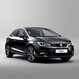 A sleek black Seat Ibiza positioned elegantly against a smooth grey background