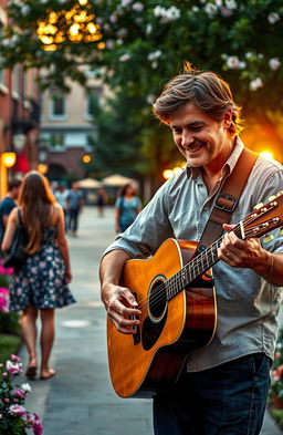 A captivating scene from a romance novel, featuring a handsome, charismatic guitarist professor in his fifties, playing an acoustic guitar on a charming college campus