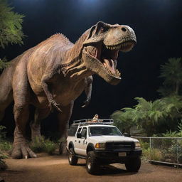 Visitors embarking on a thrilling tour around the electrified enclosure of the Tyrannosaurus Rex in specially designed, secure vehicles. Gazing in wonder at the towering beast, they feel both its awe-inspiring grandeur and palpable danger.