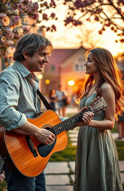 A captivating scene from a romance novel, featuring a handsome, charismatic guitarist professor in his fifties, playing an acoustic guitar on a charming college campus